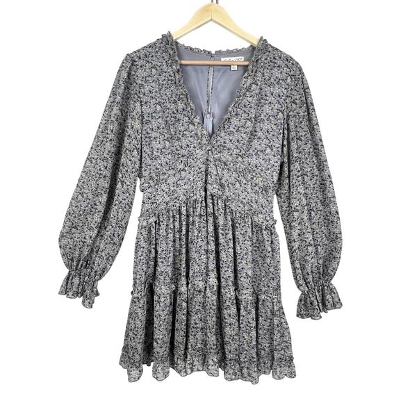 She & Sky Grey Purple Ditsy Floral Chiffon Ruffle Tiered Mini Dress Cottage L - Picture 1 of 13